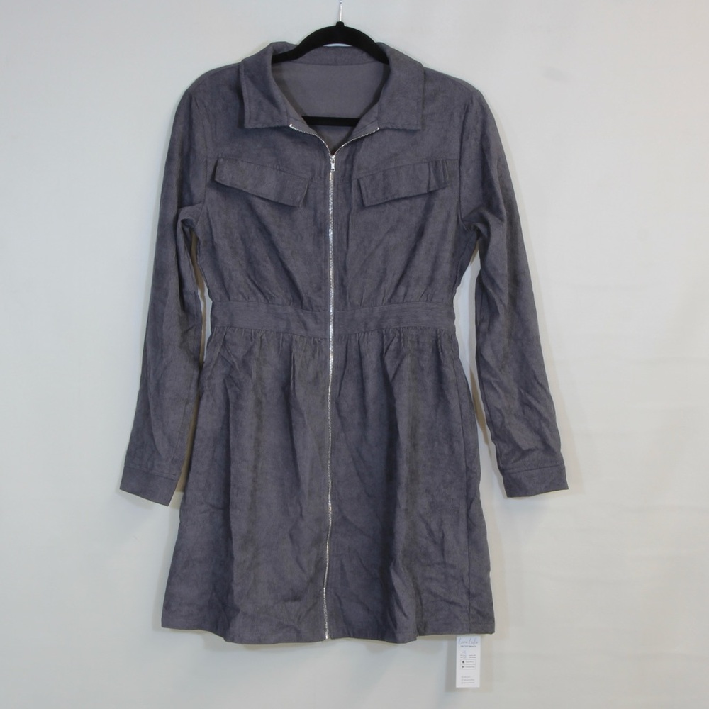 Cupshe Gray Long-Sleeve Zip Shirt Collar Mini Dress